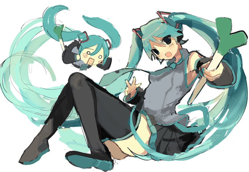 aqua_eyes aqua_hair black_footwear black_skirt black_sleeves blue_necktie boots detached_sleeves grey_shirt hachune_miku hatsune_miku highres kmnk_(kumanuko) necktie open_mouth pleated_skirt shirt skirt sleeveless sleeveless_shirt spring_onion thigh_boots twintails vocaloid