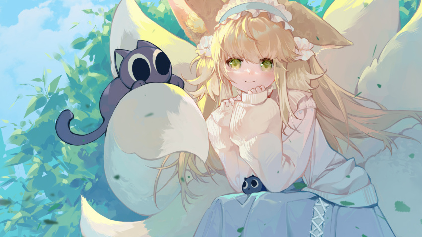 1girl animal_ears arknights bangs black_cat blonde_hair blue_hairband blue_skirt blue_sky cat closed_mouth clouds cloudy_sky commentary_request crossover day fox_ears fox_girl fox_tail frilled_hairband frills green_eyes hair_between_eyes hairband hands_up heixiu highres jacket kitsune long_hair long_sleeves looking_at_viewer luoxiaohei outdoors puffy_long_sleeves puffy_sleeves roquef sitting skirt sky sleeves_past_wrists smile suzuran_(arknights) suzuran_(spring_praise)_(arknights) tail the_legend_of_luo_xiaohei very_long_hair white_jacket