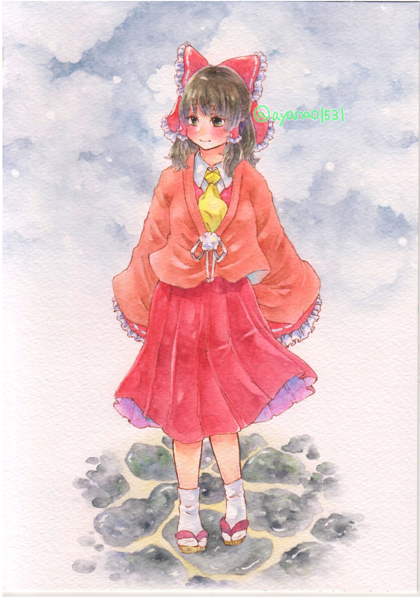 1girl absurdres ascot blush bow brown_hair closed_mouth collared_shirt frilled_bow frilled_hair_tubes frilled_sleeves frills full_body hair_bow hair_tubes hakurei_reimu highres long_sleeves medium_hair outdoors red_bow red_shirt red_skirt sandals shin1ar24 shirt skirt socks solo standing touhou traditional_media watercolor_pencil_(medium) white_socks yellow_ascot