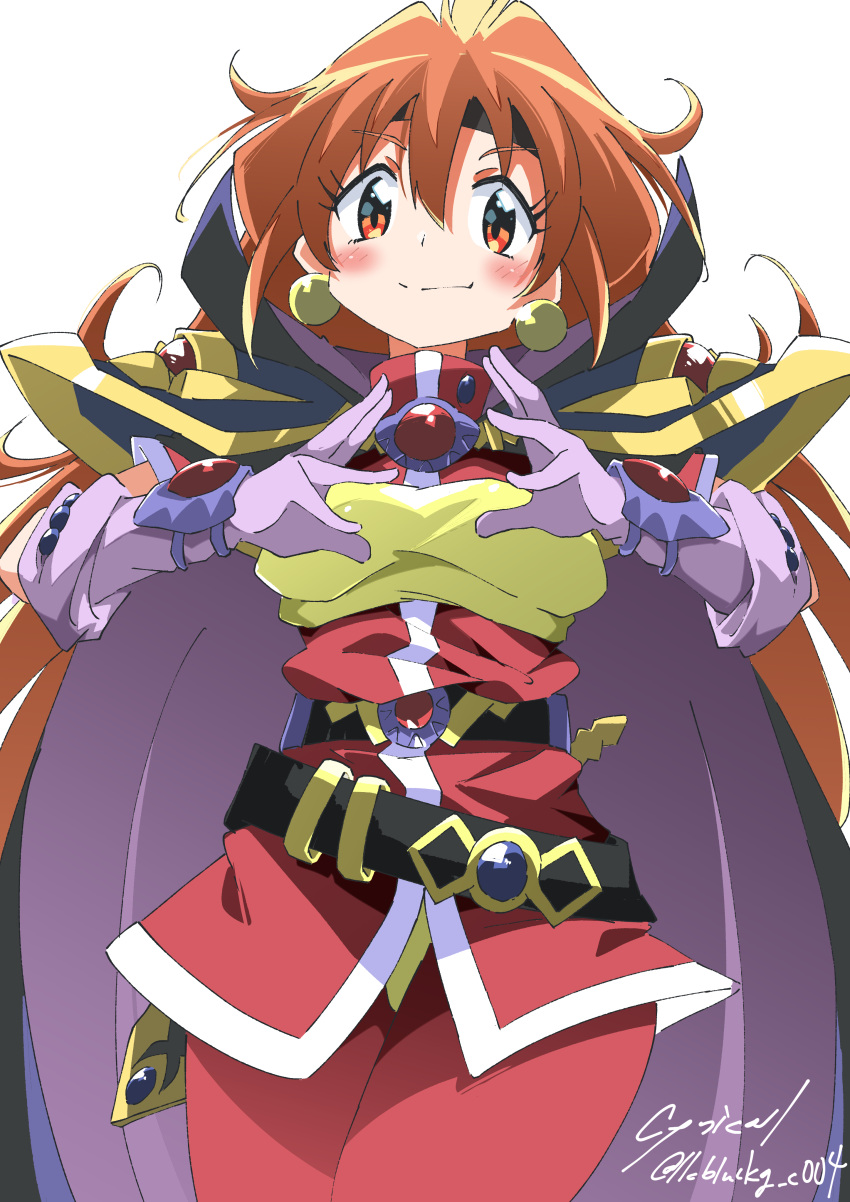 1990s_(style) 1girl absurdres armor breasts cape cynical_(llcbluckg_c004) dagger earrings gem gloves headband highres jewelry knife lina_inverse long_hair looking_at_viewer orange_eyes orange_hair pauldrons retro_artstyle shoulder_armor simple_background slayers small_breasts smile solo standing weapon white_gloves