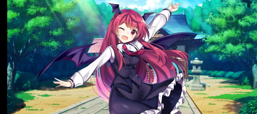 1girl ;d bat_wings black_skirt black_vest blush breasts building buttons collared_shirt commentary_request cowboy_shot dot_nose dress_shirt frilled_skirt frills game_screenshot hair_between_eyes hakurei_shrine head_wings highres index_finger_raised koakuma light_rays long_hair looking_at_viewer medium_breasts necktie one_eye_closed outdoors outstretched_arms red_eyes red_necktie redhead rotte_(1109) shirt shrine skirt skirt_set smile solo stone_lantern stone_walkway sunbeam sunlight third-party_source touhou tree very_long_hair vest white_shirt wings