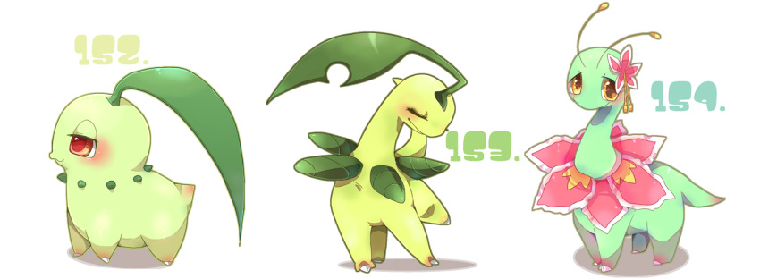 :3 animal_focus bayleef blush chikorita claws closed_eyes closed_mouth evolutionary_line flower from_side full_body green_outline hair_flower hair_ornament half-closed_eyes happy leaf leg_up looking_at_viewer meganium no_humans outline pink_flower pokedex_number pokemon pokemon_(creature) red_eyes shira_(sirairo116) simple_background smile standing u_u white_background yellow_eyes
