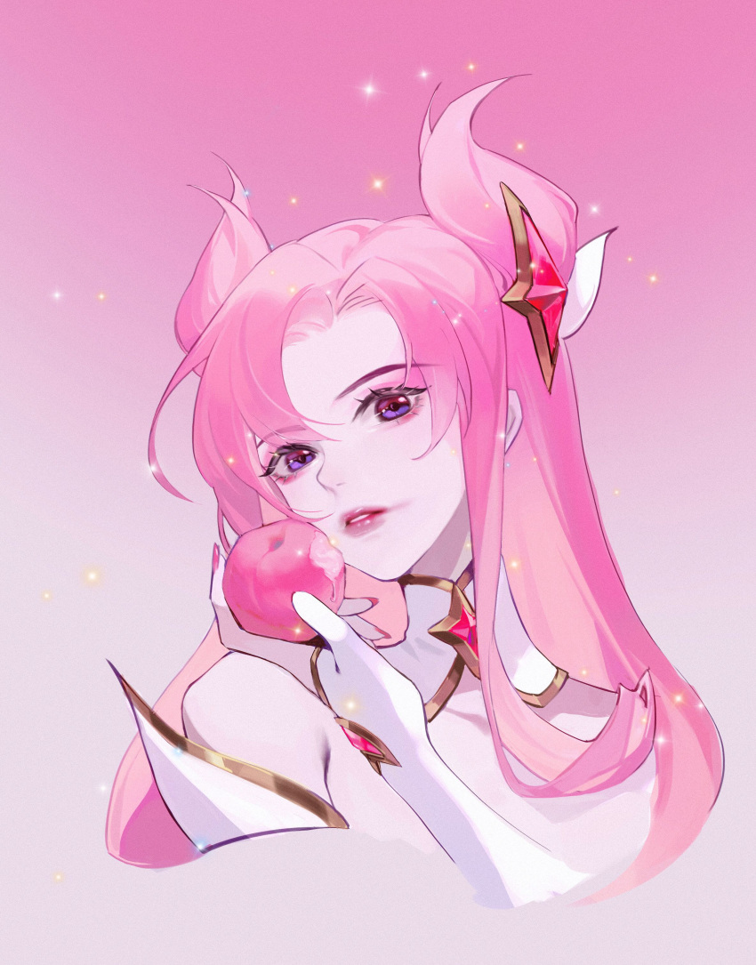 1girl absurdres apple asami_okutoshioku bangs bare_shoulders cropped_shoulders fingerless_gloves food fruit gloves gradient gradient_background hair_ornament hair_ribbon hand_up highres holding holding_food kai'sa league_of_legends long_hair nail_polish pink_background pink_hair pink_nails ribbon solo star_guardian_(league_of_legends) star_guardian_kai'sa violet_eyes white_gloves