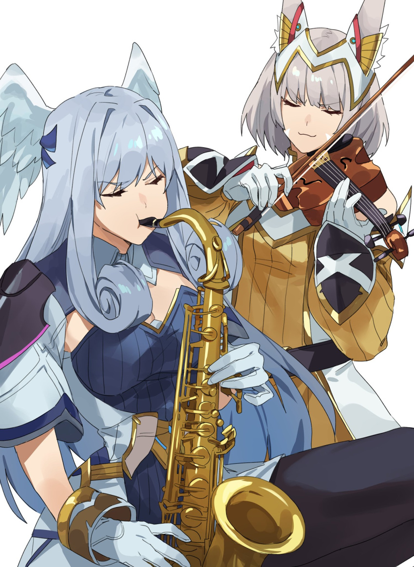 animal_ears bangs blunt_bangs bodysuit breasts cat_ears curly_hair gloves head_wings highres instrument kamu_(kamuuei) long_hair medium_breasts melia_antiqua music nia_(xenoblade) playing_instrument puffy_sleeves short_hair small_breasts upper_body violin white_gloves xenoblade_chronicles_(series) xenoblade_chronicles_1 xenoblade_chronicles_2 xenoblade_chronicles_3 yellow_bodysuit