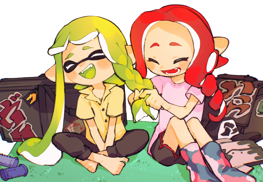 2girls ^_^ asymmetrical_hair bag barefoot black_pants black_shorts braid braiding_hair closed_eyes colored_tongue drill_hair duffel_bag fangs green_tongue hairdressing highres inari1369 inkling inkling_girl light_green_hair long_hair multiple_girls octoling octoling_girl pants pointy_ears redhead shirt short_sleeves shorts simple_background sitting splatoon_(series) splatoon_3 suction_cups sweatpants teeth tentacle_hair v_arms white_background yellow_shirt