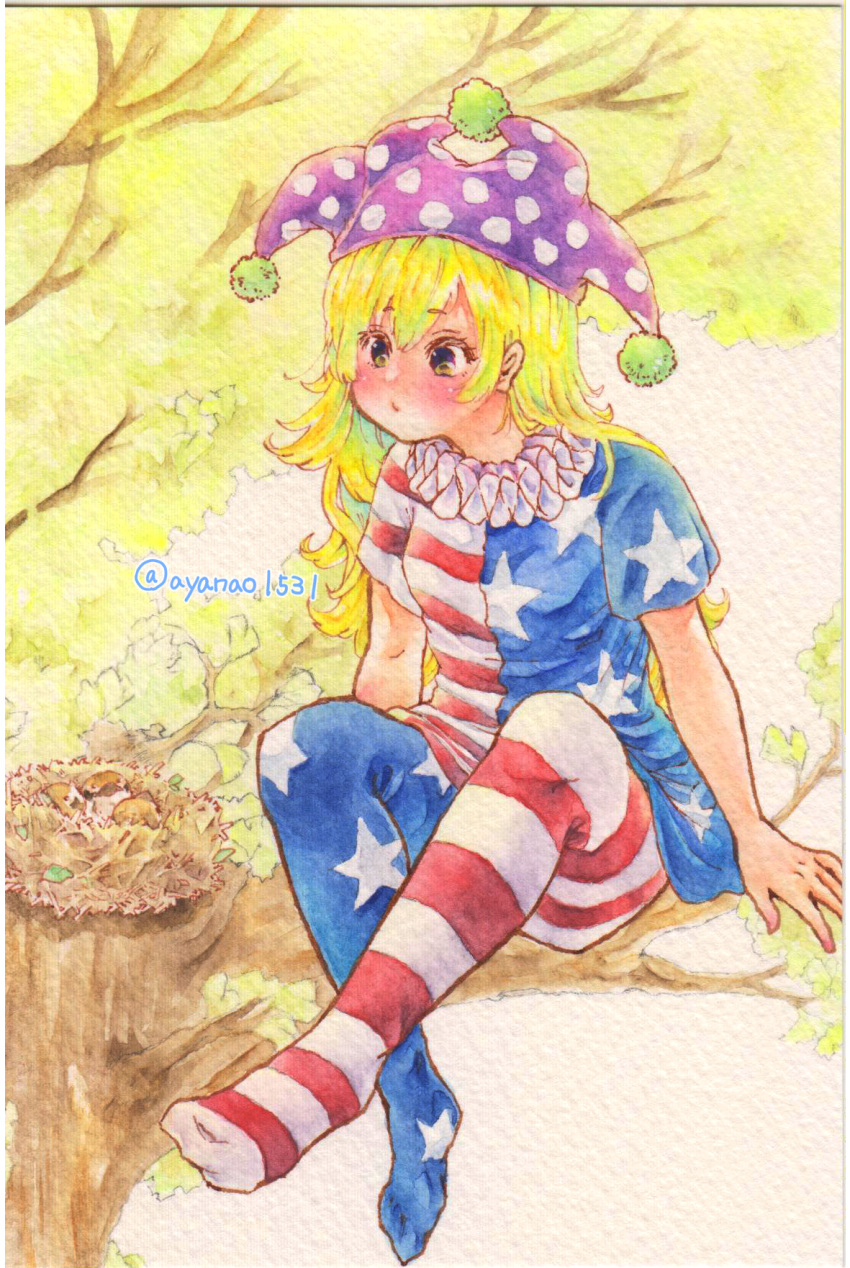 1girl american_flag_dress american_flag_legwear bird bird_nest blonde_hair blush breasts chick clownpiece ginkgo ginkgo_leaf hair_between_eyes hat highres in_tree jester_cap leaf long_hair neck_ruff no_shoes outdoors purple_headwear shin1ar24 short_hair sitting sitting_in_tree small_breasts solo touhou traditional_media tree watercolor_pencil_(medium)