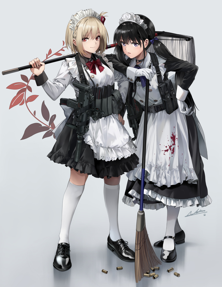 2girls alternate_costume apron belt black_choker black_dress black_footwear black_hair blonde_hair blood blood_on_clothes bow bowtie broom choker dress dress_shoes elbow_rest enmaided frilled_apron frilled_dress frills full_body gloves grey_background gun h&amp;k_mp5k h&amp;k_mp7 heckler_&amp;_koch highres holding holding_broom holding_mop inoue_takina kneehighs leaning_on_person long_hair lycoris_recoil magazine_(weapon) maid maid_apron maid_headdress mary_janes mop multiple_girls neko_(yanshoujie) nishikigi_chisato red_bow red_bowtie red_eyes revision shell_casing shoes short_hair signature simple_background socks standing submachine_gun twintails violet_eyes weapon weapon_request white_apron white_gloves white_socks