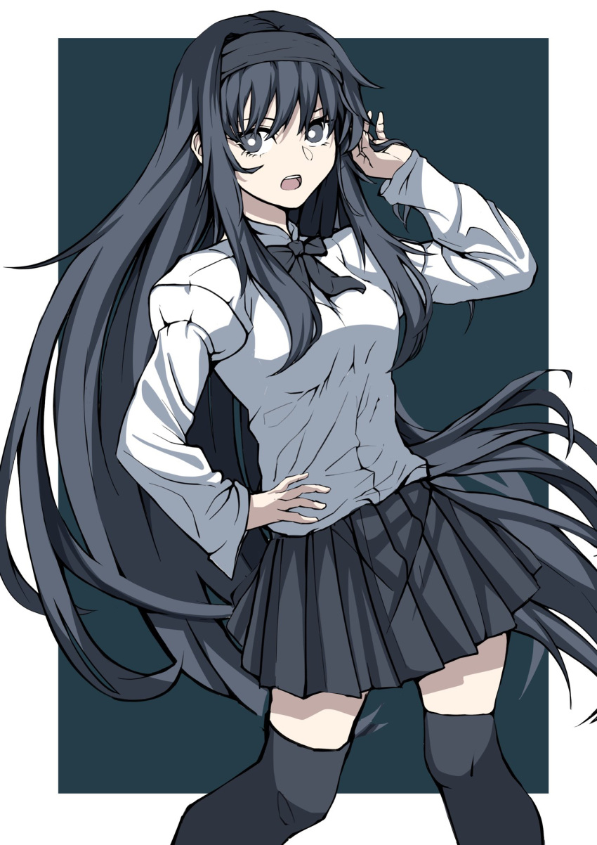 1girl black_background black_bow black_bowtie black_hair black_hairband black_skirt black_thighhighs border bow bowtie breasts bright_pupils bruise bruised_eye hairband hand_on_hip highres injury juliet_sleeves long_hair long_sleeves looking_at_viewer miniskirt open_mouth pleated_skirt puffy_sleeves shirt simple_background skirt solo thigh-highs tohno_akiha tsukihime ttumupen white_border white_pupils white_shirt