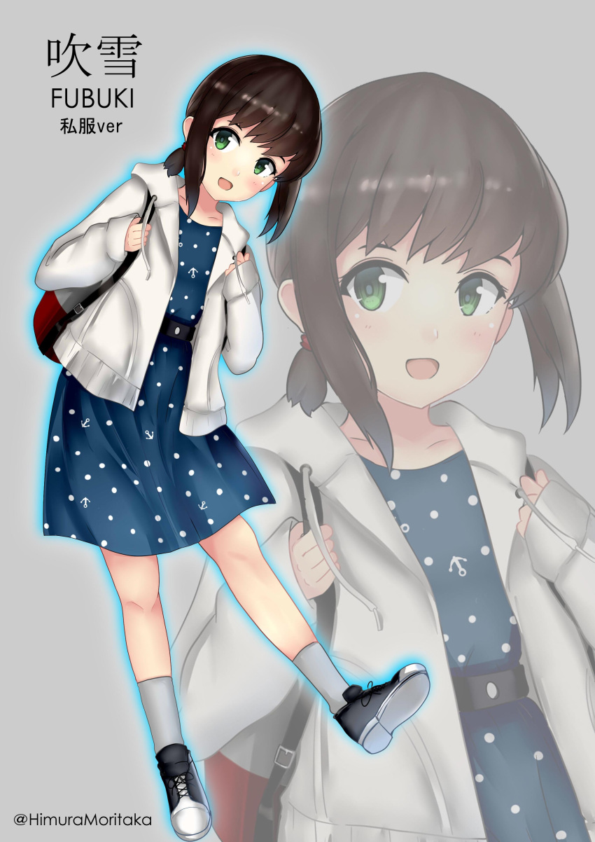 1girl absurdres backpack bag brown_hair character_name dress fubuki_(kancolle) full_body green_eyes grey_background grey_hoodie grey_socks highres himura_moritaka hood hood_down hoodie kantai_collection open_clothes open_hoodie open_mouth polka_dot polka_dot_dress shoes short_hair simple_background smile sneakers socks solo twitter_username zoom_layer