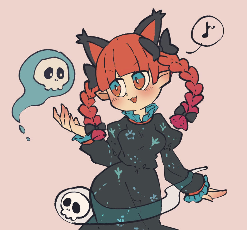 1girl :3 :d animal_ears bangs black_bow blunt_bangs bow braid cat_ears chibi contrapposto dress eighth_note extra_ears green_dress hair_bow heart highres hitodama kaenbyou_rin long_sleeves looking_to_the_side multiple_tails musical_note red_eyes redhead simple_background skull smile solo speech_bubble spoken_musical_note tail touhou twin_braids umimeshi_7 v-shaped_eyebrows