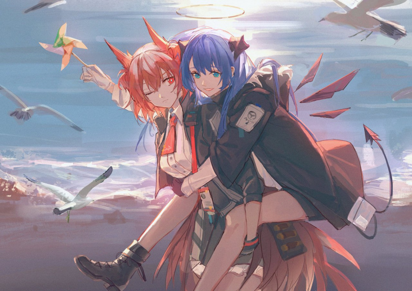 2girls :d ;( ankle_boots aqua_eyes arknights bare_legs beach bird bird_girl bird_tail black_coat black_footwear black_gloves black_jacket black_shorts blue_hair boots breasts carrying closed_mouth coat day demon_girl demon_horns demon_tail detached_wings energy_wings feather_hair fiammetta_(arknights) fur-trimmed_coat fur_trim gloves halo holding hood hood_down hooded_coat horns jacket large_breasts long_hair long_sleeves looking_at_viewer luren_max mostima_(arknights) multiple_girls necktie ocean open_clothes open_coat open_jacket open_mouth outdoors piggyback pinwheel red_eyes red_necktie seagull shirt short_hair shorts smile sunlight tail water white_shirt wings