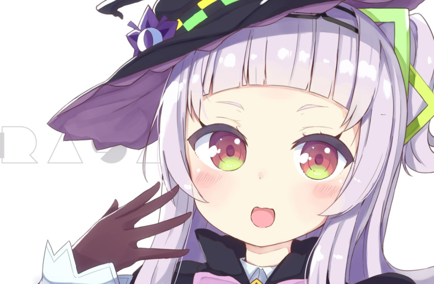 1girl :d bangs black_capelet black_headwear blush brown_gloves capelet collared_shirt commentary_request gloves hand_up hat hololive long_hair long_sleeves looking_at_viewer murasaki_shion okota_mikan one_side_up portrait purple_hair red_eyes shirt simple_background sleeves_past_wrists smile solo virtual_youtuber white_background white_shirt witch_hat