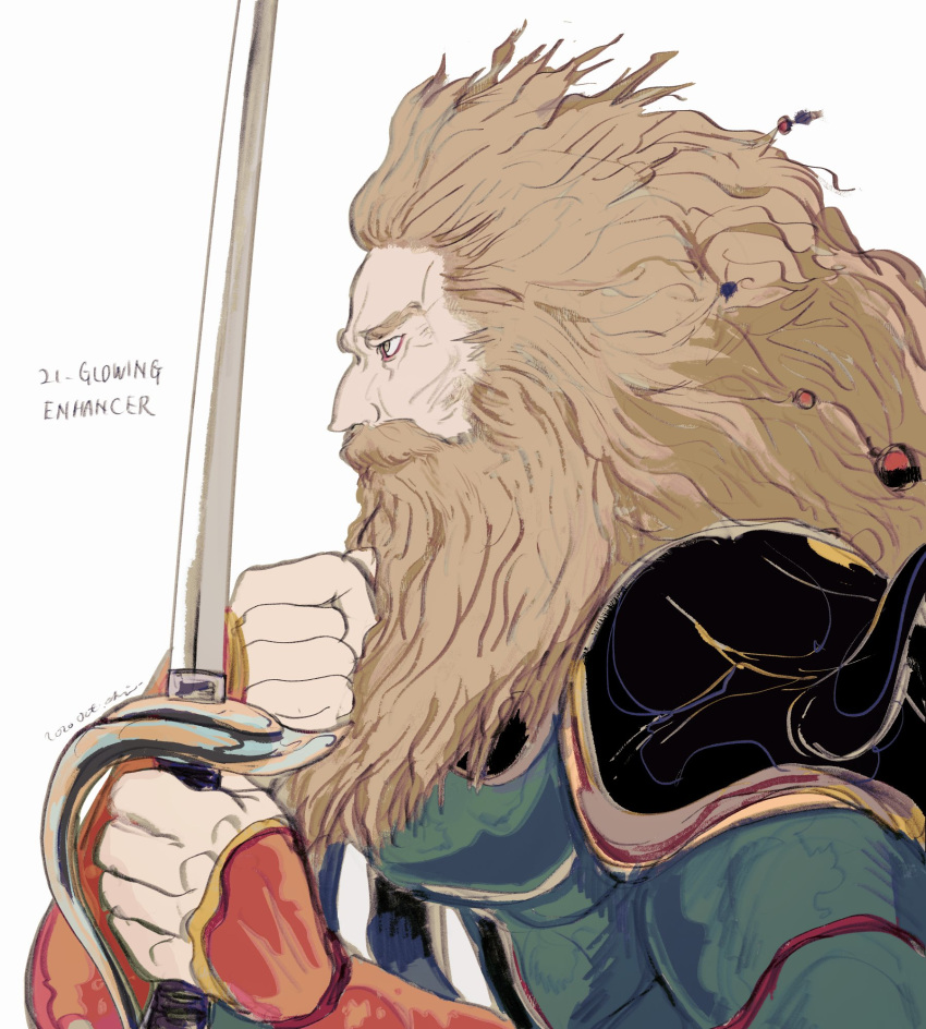 1boy armor banon_(ffvi) beard blonde_hair facial_hair final_fantasy final_fantasy_vi highres holding holding_sword holding_weapon long_beard mustache oju_(ouka) old old_man square_enix sword weapon