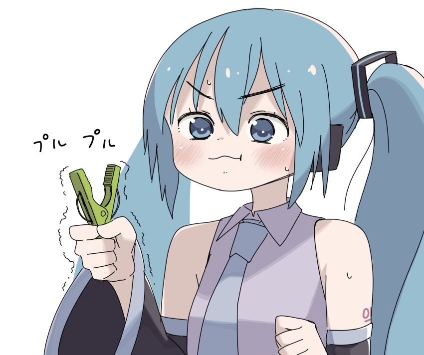 1girl :t blue_eyes blue_hair blush clothes_pin commentary detached_sleeves exercise hatsune_miku highres icon_315 long_hair neck sleeveless solo sweat twintails upper_body vocaloid white_background wide_sleeves