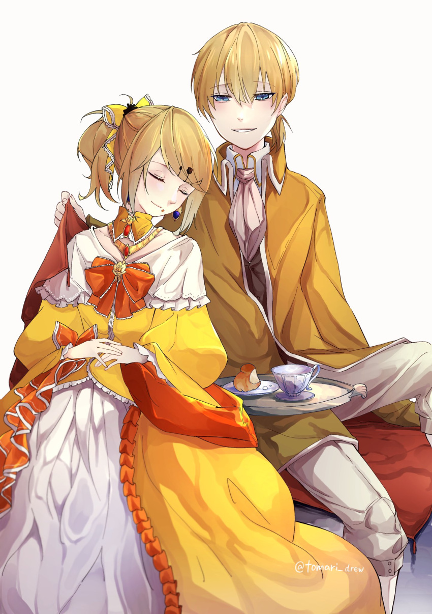 aku_no_meshitsukai_(vocaloid) aku_no_musume_(vocaloid) ascot bangs blonde_hair blue_eyes bow brioche brooch brother_and_sister choker closed_eyes closed_mouth cup dress dress_bow earrings evillious_nendaiki frilled_choker frills hair_bow half-closed_eyes highres jacket jewelry kagamine_len kagamine_rin leaning_on_person orange_bow pale_skin pants parted_lips short_ponytail siblings sidelocks sitting sleeping sleeping_on_person smile swept_bangs tea teacup teapot tomari_drew twins twitter_username vocaloid white_pants wide_sleeves yellow_bow yellow_choker yellow_dress yellow_jacket