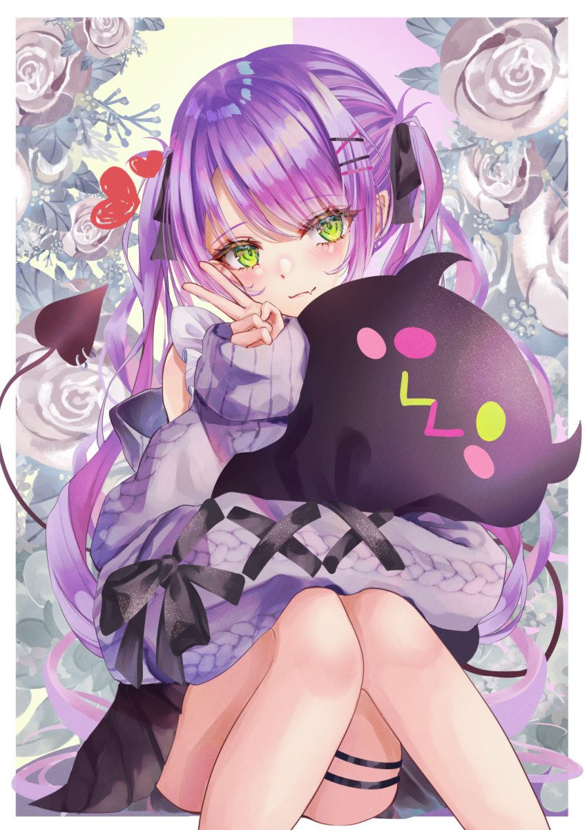 1girl bangs black_ribbon black_skirt blush border closed_mouth demon_tail fang fang_out flower green_eyes hair_between_eyes hair_ribbon heart highres hololive long_hair looking_at_viewer miniskirt outside_border pleated_skirt purple_hair purple_sweater ribbed_sweater ribbon shiny shiny_hair sitting skin_fang skirt sleeves_past_wrists smile solo sweater tail thdlyesf0ubp9d3 thigh_strap tokoyami_towa twintails v very_long_hair virtual_youtuber white_border white_flower
