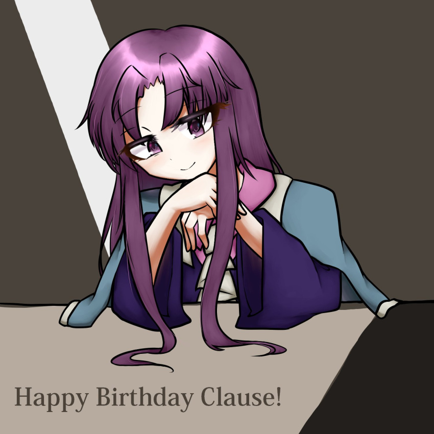 1other androgynous bangs blue_capelet blue_jacket capelet clause closed_mouth collared_shirt commentary_request english_text happy_birthday head_tilt highres jacket len'en log_nokorimono long_hair long_sleeves necktie parted_bangs pink_shirt purple_hair shirt smile solo violet_eyes white_necktie