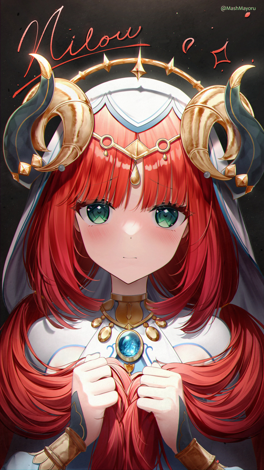 1girl absurdres black_background blush brooch character_name circlet closed_mouth genshin_impact green_eyes hair_over_shoulder highres holding holding_hair horns jewelry long_hair long_sleeves mash_mayoru neck_ring nilou_(genshin_impact) puffy_long_sleeves puffy_sleeves raised_eyebrows redhead shrug_(clothing) solo twintails twitter_username upper_body vambraces veil