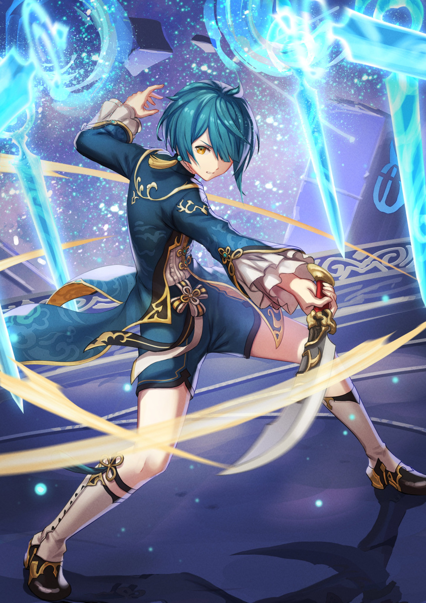 1boy absurdres anbe_yoshirou asymmetrical_bangs bangs blue_hair blue_shorts boots commentary_request earrings fighting_stance frilled_sleeves frills genshin_impact hair_over_one_eye highres holding holding_sword holding_weapon jewelry long_coat long_sleeves male_focus shirt short_hair shorts single_earring solo sword tassel tassel_earrings water weapon wide_sleeves xingqiu_(genshin_impact) yellow_eyes