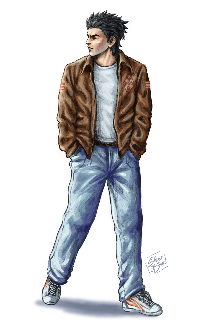 1boy absurdres bandage_on_face bandages belt black_hair brown_eyes brown_jacket denim full_body hands_in_pockets hazuki_ryou highres jacket jeans leather leather_jacket looking_to_the_side pants patch shenmue shirt shoes sideburns signature simple_background sliverofsand sneakers solo spiky_hair t-shirt thick_eyebrows white_background white_footwear white_shirt