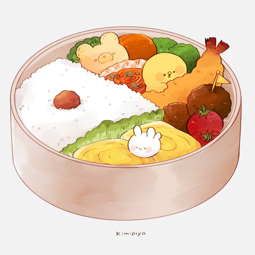 2others animal-shaped_food artist_name bear bento bird blush_stickers character_name cherry_tomato chick chicken closed_eyes closed_mouth commentary cookie egg_(food) english_text food food_focus grey_background highres in_food kimipiyo_(tenmiyakiyo) lettuce meatball mini_flag multiple_others no_humans omelet on_food open_mouth original pennant plaid rabbit rice shrimp shrimp_tempura signature simple_background smile solid_circle_eyes symbol-only_commentary tamagoyaki tempura tenmiyakiyo tomato usachii_(tenmiyakiyo)