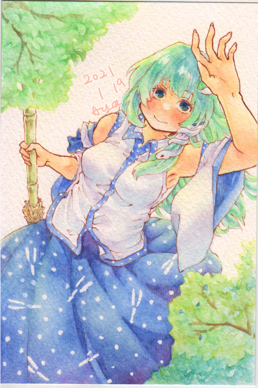 1girl arm_up bamboo_broom blue_skirt blush breasts broom closed_mouth collared_shirt dated detached_sleeves dutch_angle frog_hair_ornament green_eyes green_hair hair_ornament highres holding holding_broom kochiya_sanae long_hair looking_at_viewer looking_up medium_breasts shin1ar24 shiny shiny_hair shirt skirt sleeveless sleeveless_shirt smile snake_hair_ornament solo touhou traditional_media watercolor_pencil_(medium) wide_sleeves