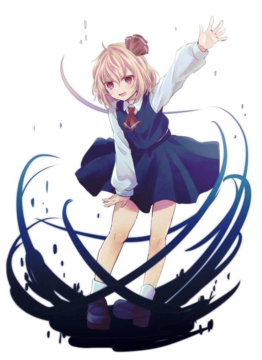 1girl ascot black_footwear black_vest blonde_hair collared_shirt darkness full_body hair_ribbon highres kuromame_(8gou) long_sleeves looking_at_viewer open_mouth red_ascot red_eyes red_ribbon redhead ribbon rumia shirt short_hair simple_background socks solo touhou vest white_background white_shirt white_socks