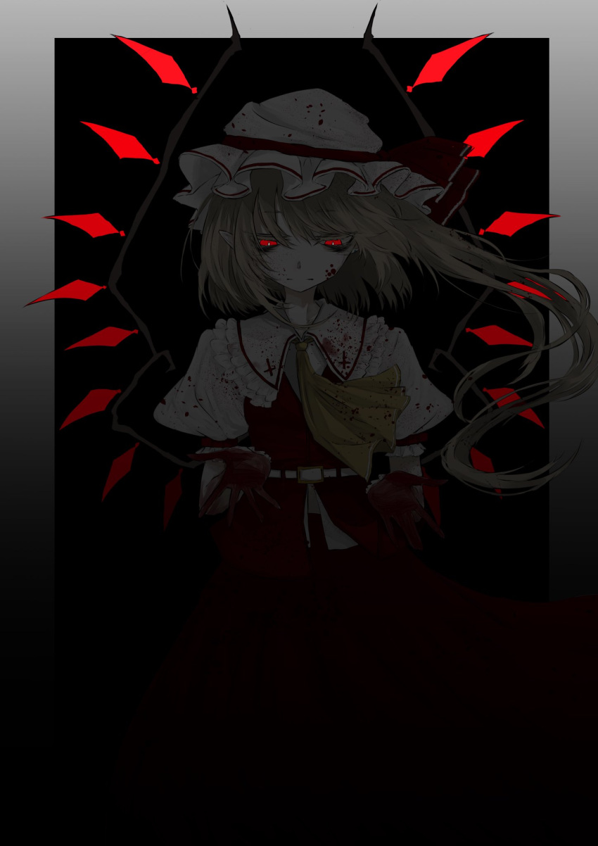 1girl aizettonagi ascot bangs black_background blonde_hair blood blood_on_clothes blood_on_face blood_on_hands border bright_pupils closed_mouth collared_shirt commentary cowboy_shot crystal flandre_scarlet frilled_shirt_collar frilled_sleeves frills hat highres looking_at_hands looking_down mob_cap muted_color one_side_up outside_border puffy_short_sleeves puffy_sleeves red_eyes red_skirt red_vest shirt short_hair short_sleeves skirt skirt_set slit_pupils solo spot_color touhou vest white_border white_headwear white_pupils white_shirt wings wrist_cuffs yellow_ascot