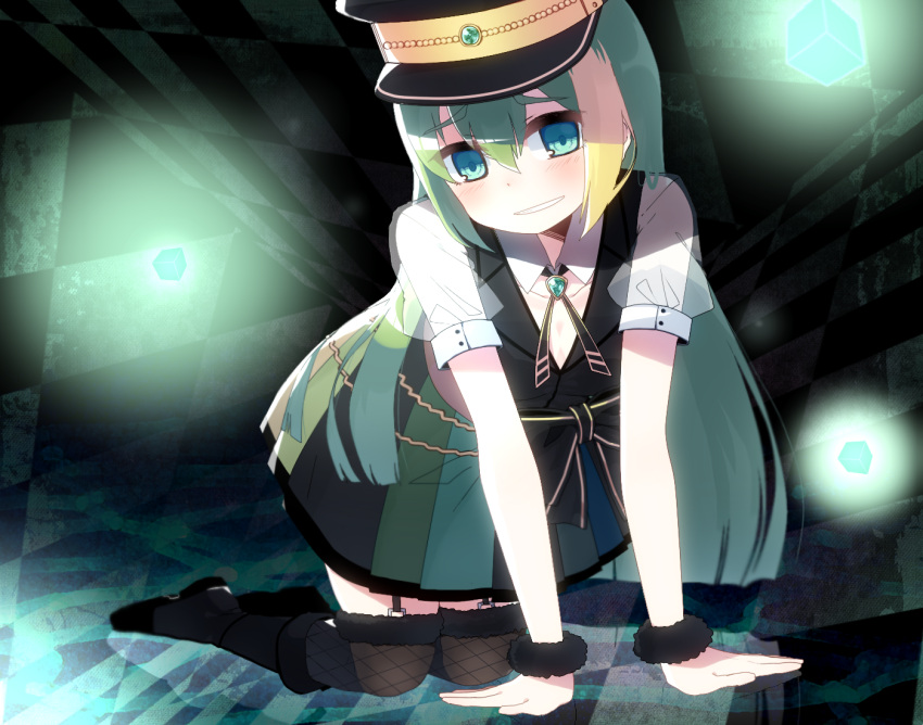 1girl alina_gray all_fours amane_hikari aqua_eyes black_bow black_footwear black_headwear black_necktie black_thighhighs black_vest blunt_ends blush boots bow breasts brooch chain collar cross_tie detached_collar fishnet_thighhighs fishnets fold-over_boots fur-trimmed_thighhighs fur_cuffs fur_trim garter_straps gem green_gemstone green_hair hair_between_eyes hat jewelry lapels long_hair magia_record:_mahou_shoujo_madoka_magica_gaiden magical_girl mahou_shoujo_madoka_magica miniskirt multicolored_clothes multicolored_hair multicolored_skirt necktie notched_lapels peaked_cap pleated_skirt puffy_short_sleeves puffy_sleeves see-through see-through_sleeves short_sleeves sidelocks skirt sleeve_cuffs small_breasts smile solo straight_hair streaked_hair striped striped_skirt thigh-highs v-neck vertical-striped_skirt vertical_stripes very_long_hair vest waist_bow white_collar white_sleeves