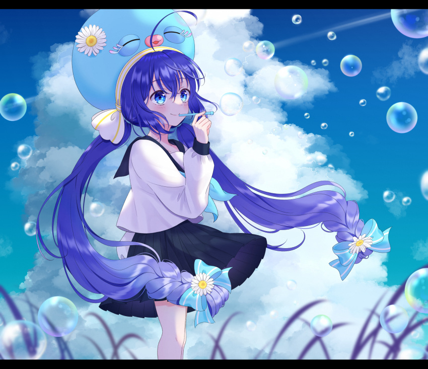 1girl ahoge bangs blue_eyes blue_hair blush bow bubble bubble_blowing bubble_pipe eel_hat field flower hair_bow hair_flower hair_ornament hat hat_ribbon highres holding long_hair low-braided_long_hair low_twintails neckerchief otomachi_una outdoors pleated_skirt ribbon rooibos school_uniform serafuku skirt sky smile solo twintails very_long_hair vocaloid wind