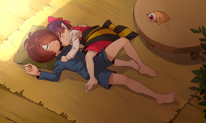 1boy 1girl absurdres bare_legs barefoot blue_jacket blue_shorts bow brown_hair closed_eyes dress from_above full_body gegege_no_kitarou hair_bow hair_over_one_eye highres jacket kitarou lying medama_oyaji nekomusume on_back on_side on_stomach pillow pinafore_dress pointy_ears red_bow red_dress shiny shiny_hair shirt short_dress short_hair shorts silanduqiaocui sleeping sleeveless sleeveless_dress soles the_pose under_covers white_shirt