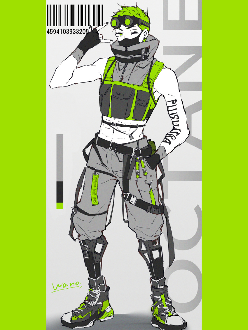 1boy \m/ absurdres adapted_costume animification apex_legends arm_tattoo barcode black_gloves cropped_jacket fingerless_gloves gloves goggles goggles_on_head green_eyes green_hair grey_footwear grey_shorts hair_behind_ear highres looking_to_the_side male_focus mask mechanical_legs midriff mouth_mask navel octane_(apex_legends) one_eye_closed shoes shorts sleeveless sleeveless_jacket smile sneakers solo syringe tattoo wano_(azayakam)