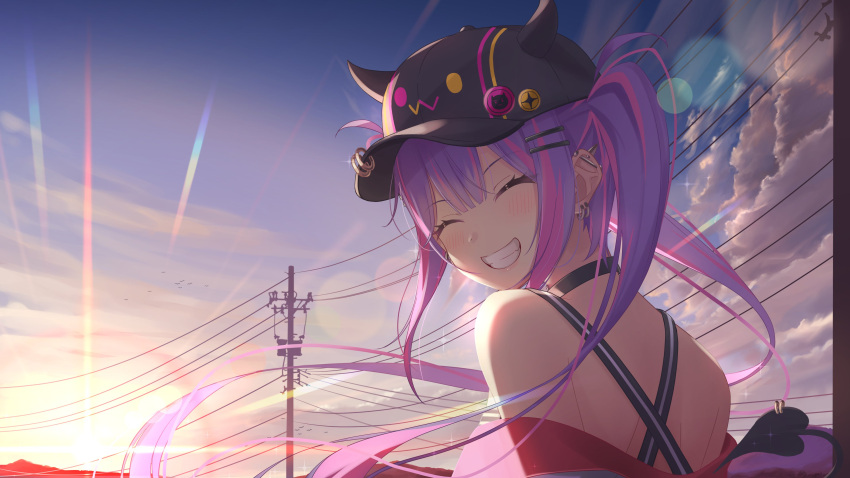 1girl absurdres bangs baseball_cap bibi_(tokoyami_towa) black_choker choker closed_eyes clouds day demon_tail facing_viewer fake_horns floating_hair grin hat highres hololive horned_headwear horns long_hair multicolored_hair off_shoulder open_mouth piercing pink_hair power_lines purple_hair shima6644 sky smile solo tail tail_ornament tail_piercing tokoyami_towa twintails two-tone_hair utility_pole virtual_youtuber