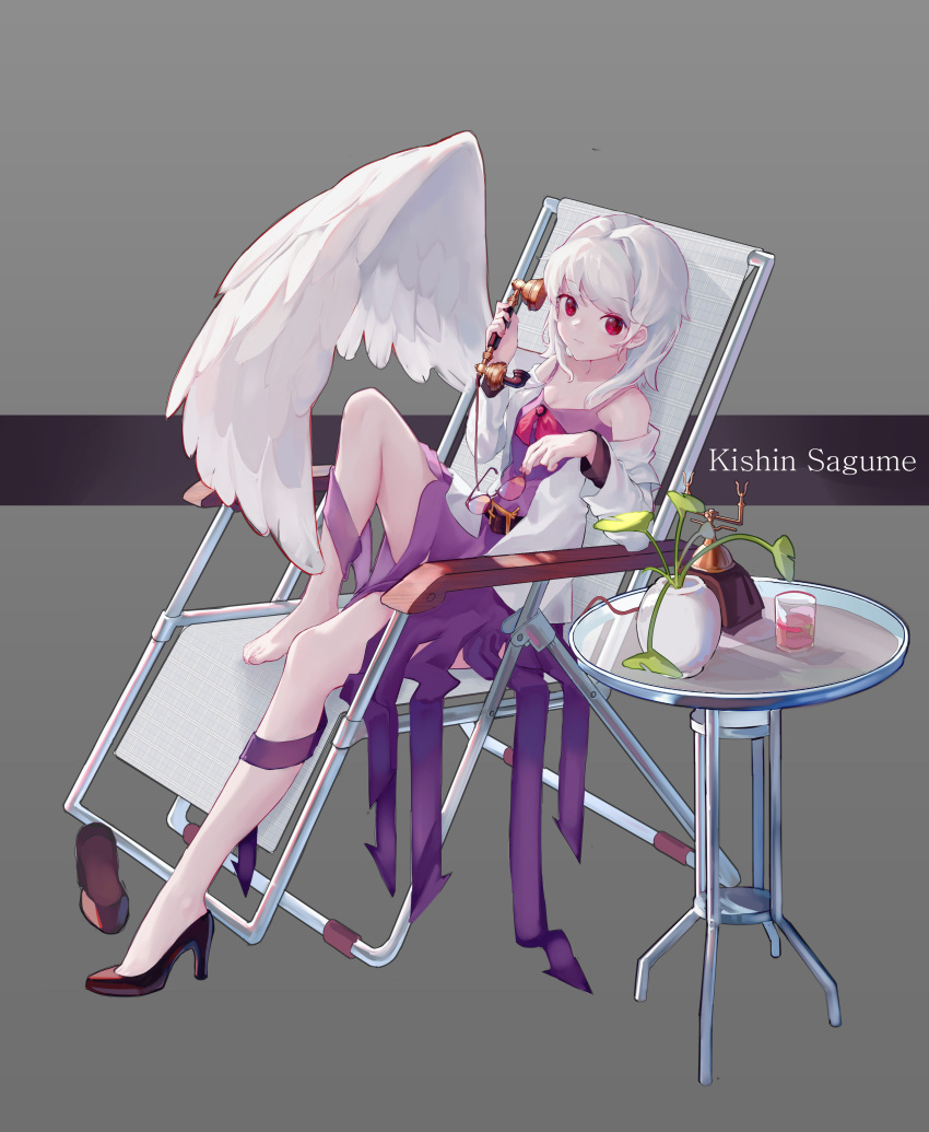 1girl absurdres bare_shoulders barefoot beach_chair belt belt_buckle bird_wings black_belt black_footwear buckle character_name chinese_commentary closed_mouth commentary corded_phone cup dress drinking_glass expressionless feathered_wings fingernails full_body glasses high_heels highres holding holding_eyewear holding_phone jacket kishin_sagume leg_up looking_at_viewer medium_hair nail_polish off_shoulder on_chair open_clothes open_jacket phone pink_nails pink_ribbon plant potted_plant purple_dress red_eyes ribbon rotary_phone shoe_removed single_wing sitting solo spaghetti_strap table toenails touhou tsuki_lyj white_hair white_jacket white_wings wings