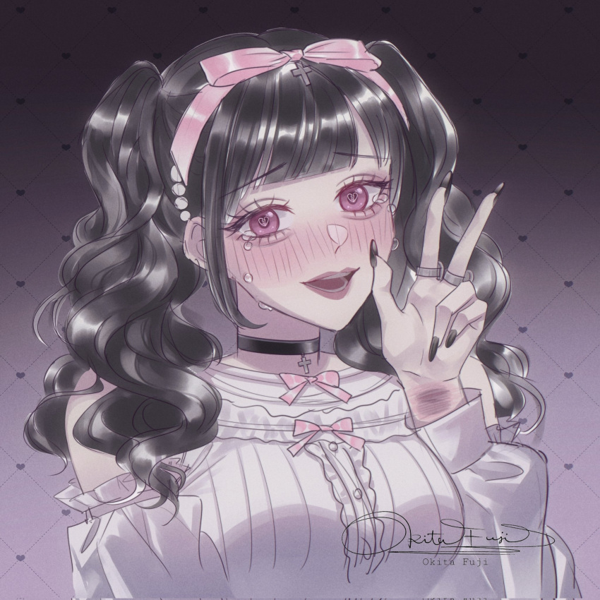 1girl bare_shoulders black_choker black_hair bow bruise choker cross crying crying_with_eyes_open curly_hair gothic gothic_lolita hair_bow headband heart heart-shaped_pupils highres injury lolita_fashion okitafuji original pink_bow pink_eyes purple_background shirt short_twintails smile solo symbol-shaped_pupils tears twintails white_shirt