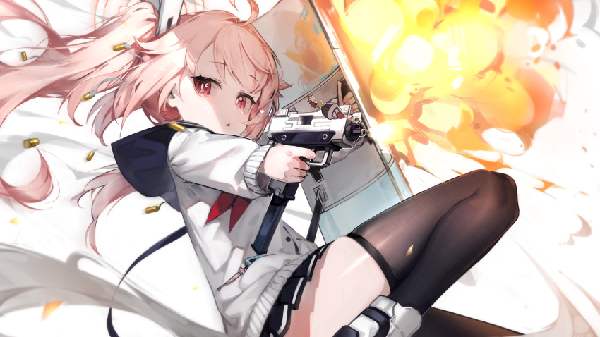 1girl ballistic_shield black_skirt blue_archive blue_sailor_collar cardigan explosion fire firing gun hair_ornament hairclip halo highres holding holding_gun holding_weapon knee_up libiadan long_hair long_sleeves looking_at_viewer natsu_(blue_archive) neckerchief open_mouth pink_eyes pink_hair pleated_skirt red_neckerchief sailor_collar shell_casing side_ponytail skirt smoke solo triangle_mouth very_long_hair weapon white_background white_cardigan