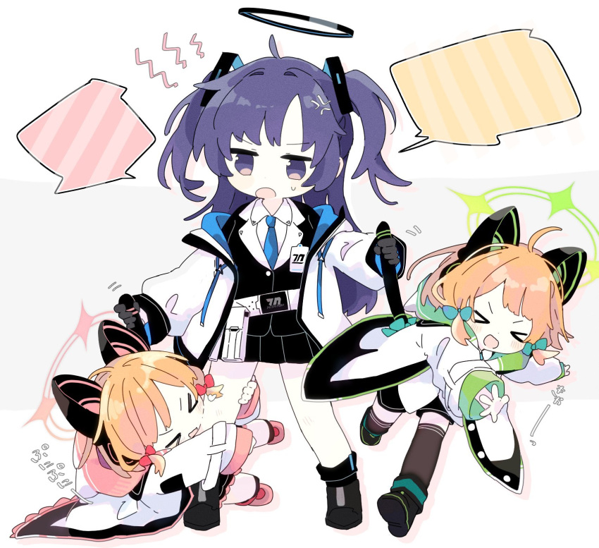 &gt;_&lt; 3girls anger_vein black_footwear black_skirt black_thighhighs black_vest blonde_hair blue_archive blue_hair blue_necktie blush bow chibi coat fake_tail green_bow halo highres holding_tail leg_grab long_hair long_sleeves midori_(blue_archive) momoi_(blue_archive) multiple_girls naguru_(cyoroama) necktie open_mouth pleated_skirt skirt sweat tail tail_grab thigh-highs two_side_up vest white_coat yuuka_(blue_archive)
