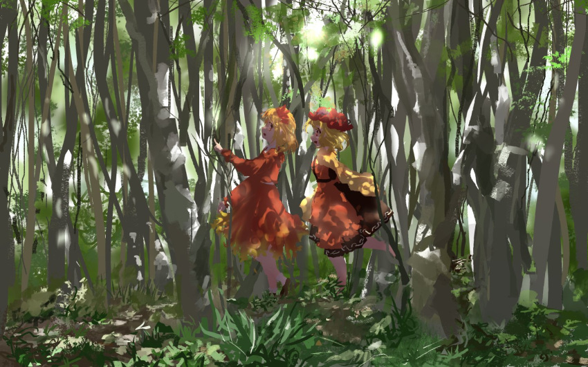 2girls aki_minoriko aki_shizuha apron bangs blonde_hair forest from_side hat leaf light_particles long_sleeves mob_cap multiple_girls nature open_mouth outdoors pointing red_apron red_eyes red_headwear red_shirt red_skirt shirt short_hair siblings sisters skirt touhou tree ushitsuchi