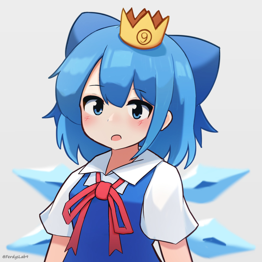 1girl absurdres blue_bow blue_eyes blue_hair bow cirno crown ferdy's_lab hair_bow highres ice ice_wings looking_at_viewer open_mouth short_hair short_sleeves simple_background solo touhou twitter_username upper_body white_background wings