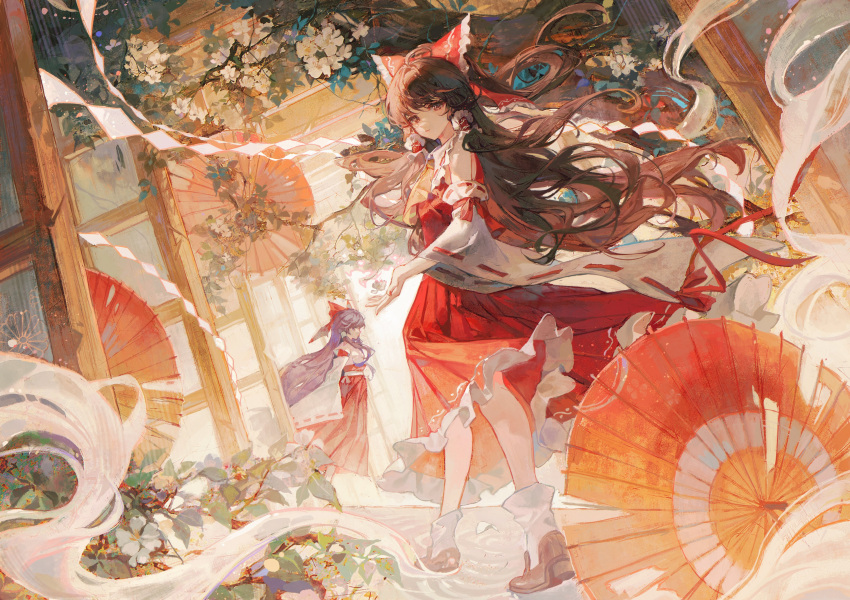 2girls absurdres ascot bangs bare_shoulders bow brown_eyes brown_footwear brown_hair collared_dress detached_sleeves dress dual_persona flower frilled_hair_tubes frills hair_bow hair_ornament hair_tubes hakurei_reimu hakurei_reimu_(pc-98) highres japanese_clothes long_hair long_sleeves maccha_(mochancc) miko multiple_girls nontraditional_miko oil-paper_umbrella purple_hair red_bow red_dress red_skirt ribbon-trimmed_sleeves ribbon_trim shoes short_hair sidelocks skirt socks standing touhou touhou_(pc-98) umbrella violet_eyes white_flower white_sleeves white_socks wide_sleeves yellow_ascot