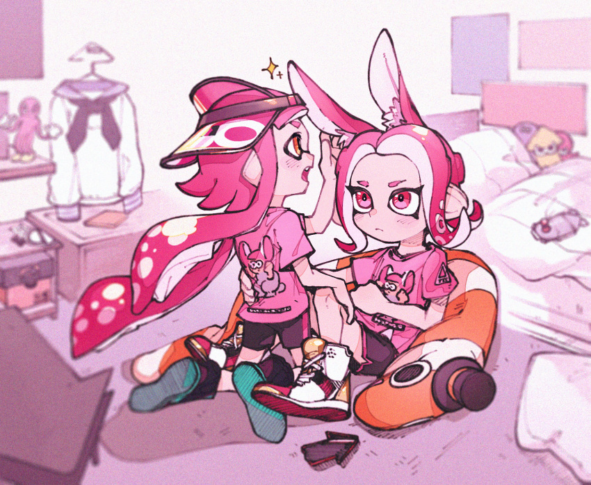 2girls animal_ear_fluff animal_ears backwards_hat bed bike_shorts black_shorts blanket cellphone closed_mouth clothes_hanger fang frown hand_on_another's_waist hat highres inari1369 indoors inkling inkling_girl kneeling looking_at_another multiple_girls octarian octoling octoling_girl orange_eyes phone pillow pink_eyes pink_hair pink_shirt pointy_ears rabbit_ears shelf shirt shoes short_sleeves shorts single_vertical_stripe sitting smartphone sparkle splatoon_(series) splatoon_2 stuffed_animal stuffed_toy suction_cups t-shirt tentacle_hair visor_cap