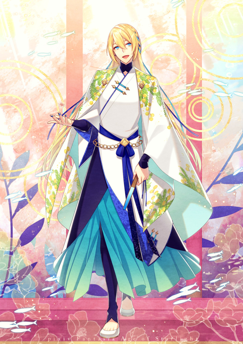 1boy :d acacia_(flower) aqua_robe blonde_hair blue_leggings blue_nails blue_ribbon blue_sash blue_shirt braid cape chain_belt changpao chinese_clothes earrings fish flats floral_background floral_print folded_fan folding_fan full_body hair_between_eyes hair_ribbon hand_fan head_tilt highres holding holding_fan jewelry kana_(eisenadler) lazaro_(pixiv_fantasia_age_of_starlight) leggings long_hair male_focus pixiv_fantasia pixiv_fantasia_age_of_starlight ribbon robe sash shirt smile solo stud_earrings turtleneck white_cape white_footwear white_robe wide_sleeves