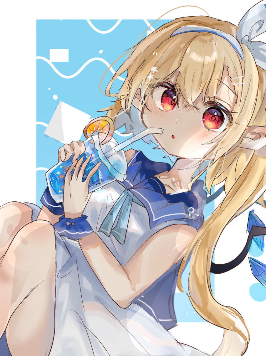 1girl alternate_costume bad_hands blonde_hair blue_background blue_hairband blue_sailor_collar cup drinking_straw feet_out_of_frame flandre_scarlet hair_between_eyes hairband highres holding holding_cup long_hair looking_at_viewer open_mouth ramochi red_eyes sailor_collar shirt side_ponytail simple_background skirt sleeveless sleeveless_shirt solo summer touhou white_shirt white_skirt