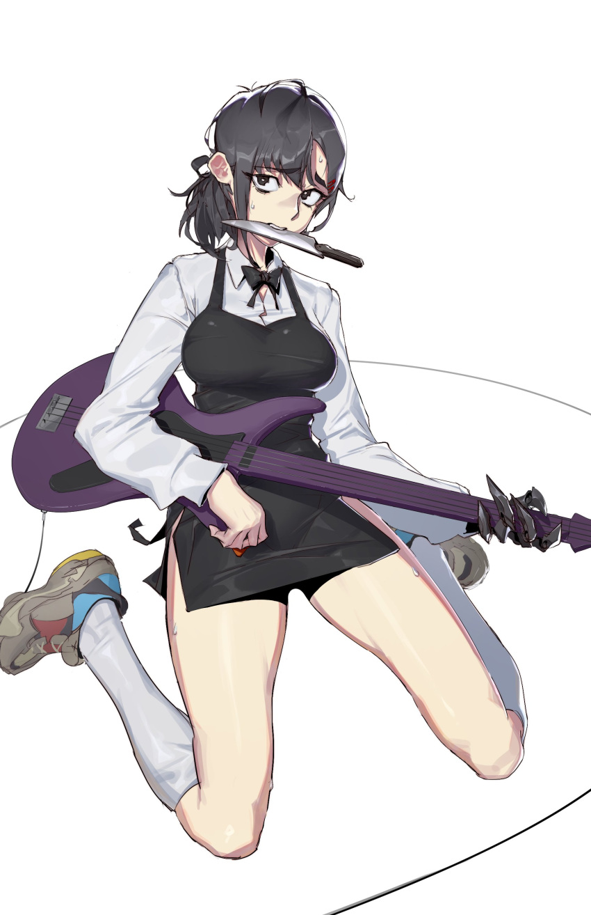 1girl absurdres apron bearthemighty black_apron black_hair bow bowtie chainsaw_man electric_guitar guitar hair_ornament hairclip higashiyama_kobeni highres instrument knife knife_in_mouth long_sleeves mechanical_arms messy_hair nervous plectrum ponytail shoes single_mechanical_arm socks sweat weapon