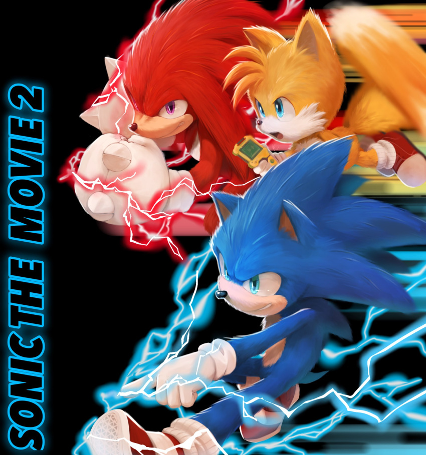 3boys animal_nose black_background blue_eyes copyright_name electricity furry furry_male gloves grin highres holding knuckles_the_echidna male_focus misuta710 multiple_boys open_mouth protected_link shoes simple_background smile sonic_(series) sonic_the_hedgehog sonic_the_hedgehog_2_(film) tails_(sonic) violet_eyes white_gloves