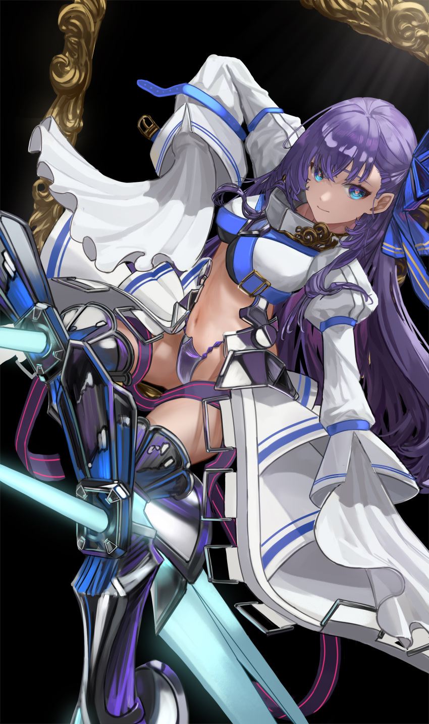 1girl absurdres armored_boots blue_eyes blue_ribbon boots crotch_plate fate/extra fate/extra_ccc fate/grand_order fate_(series) highres long_hair long_sleeves looking_at_viewer meltryllis_(fate) navel prosthesis prosthetic_leg purple_hair ribbon sleeves_past_fingers sleeves_past_wrists smile solo yue_zheng_zhi_yu