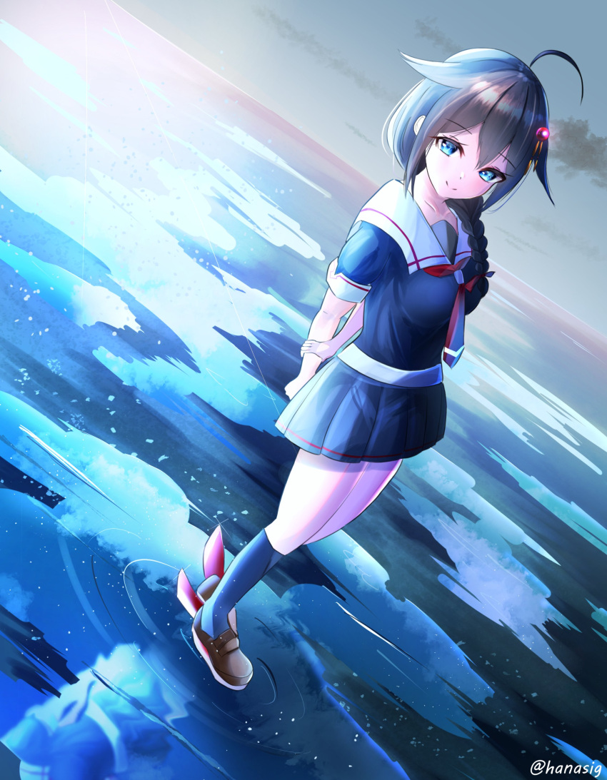 1girl absurdres ahoge arms_behind_back black_hair black_serafuku black_skirt black_socks blue_eyes braid clouds commentary_request gradient_sky grey_sky hair_flaps hair_ornament hair_over_shoulder hana-sig highres kantai_collection loafers neckerchief outdoors pleated_skirt puddle red_neckerchief reflection sailor_collar school_uniform serafuku shigure_(kancolle) shigure_kai_ni_(kancolle) shoes skirt sky socks solo standing star_(sky) sunrise water white_sailor_collar