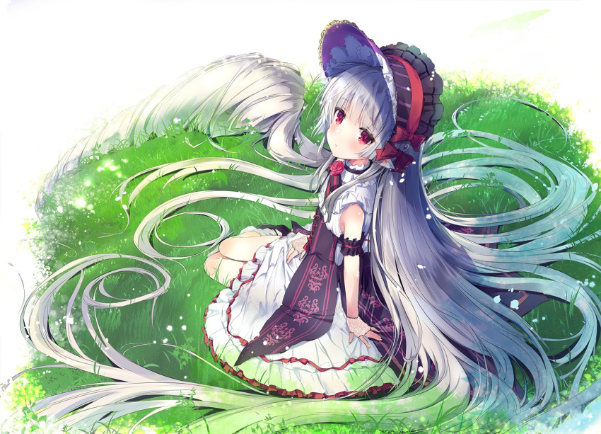 1girl absurdly_long_hair arm_support armband bad_anatomy bangs black_footwear black_headwear blunt_bangs blush bonnet bow commentary_request dress drill_hair elf fortress_girl frilled_armband frilled_bonnet frilled_dress frills grass hat hat_bow lolita_fashion long_dress long_hair looking_at_viewer looking_up neck_ribbon nimura_yuuji no_nose on_grass on_ground pointy_ears purple_headwear red_bow red_eyes ribbon shoes sidelocks sitting socks solo very_long_hair white_dress white_hair yokozuwari yuria_(fortress_girl)