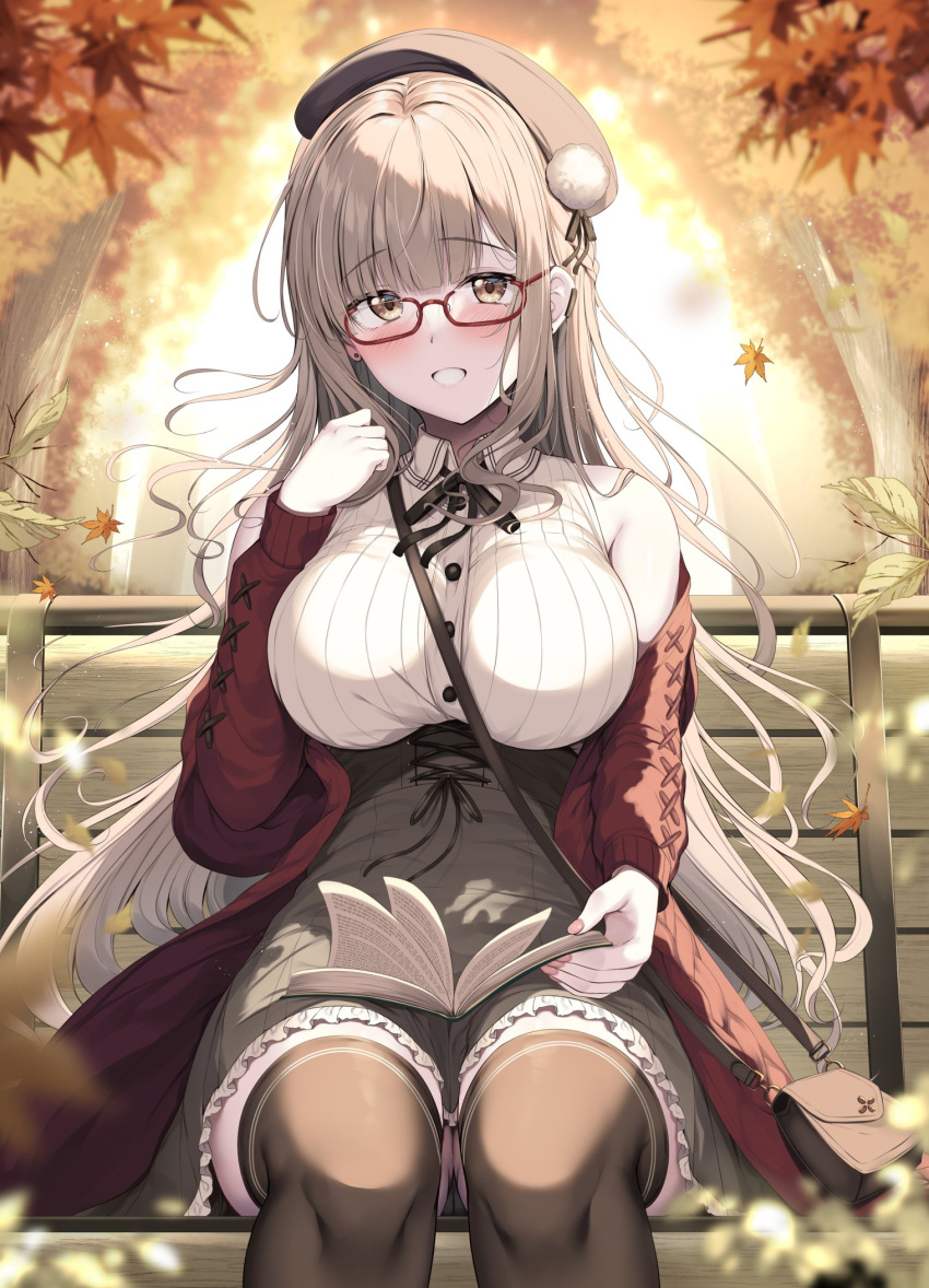 1girl autumn_leaves bench book breasts glasses hat highres holding holding_book large_breasts leaf long_hair looking_at_viewer open_book original sitting tomoo_(tomo)