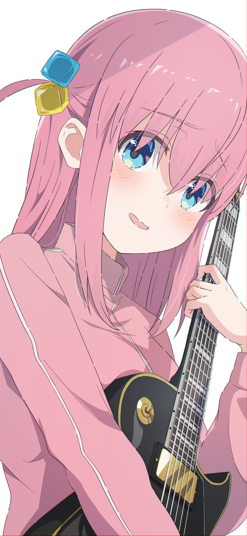 1girl absurdres bangs blue_eyes blush bocchi_the_rock! camui1104 commentary crossed_bangs electric_guitar gotou_hitori guitar hair_between_eyes hair_ornament hair_over_eyes highres holding holding_instrument instrument jacket jersey long_hair long_sleeves looking_at_viewer one_side_up open_mouth pink_hair pink_jacket simple_background solo track_jacket upper_body white_background